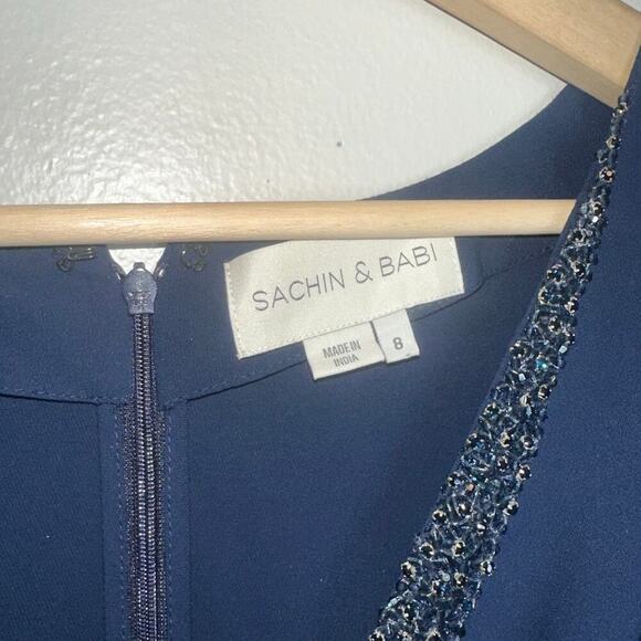 Sachin + Babi Beaded Deep V-Neck Maxi Slit Gown Navy Blue Size US 8 Formal Wear - Picture 4 of 10